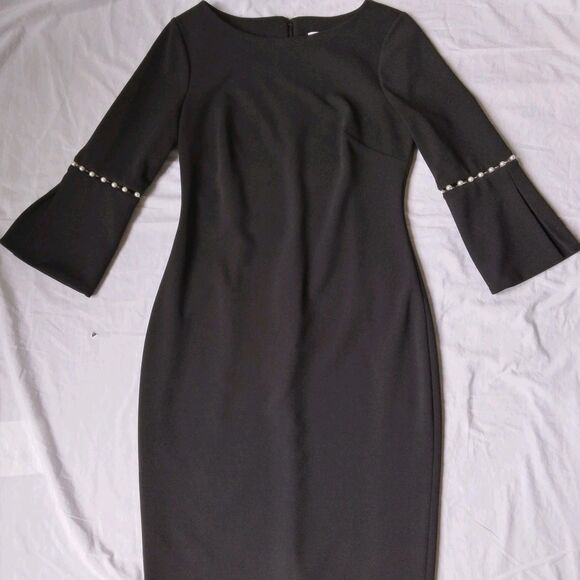 Calvin Klein Pearl-Trim Sheath Dress Knee Length Classic Party Womens 4 - Picture 2 of 12